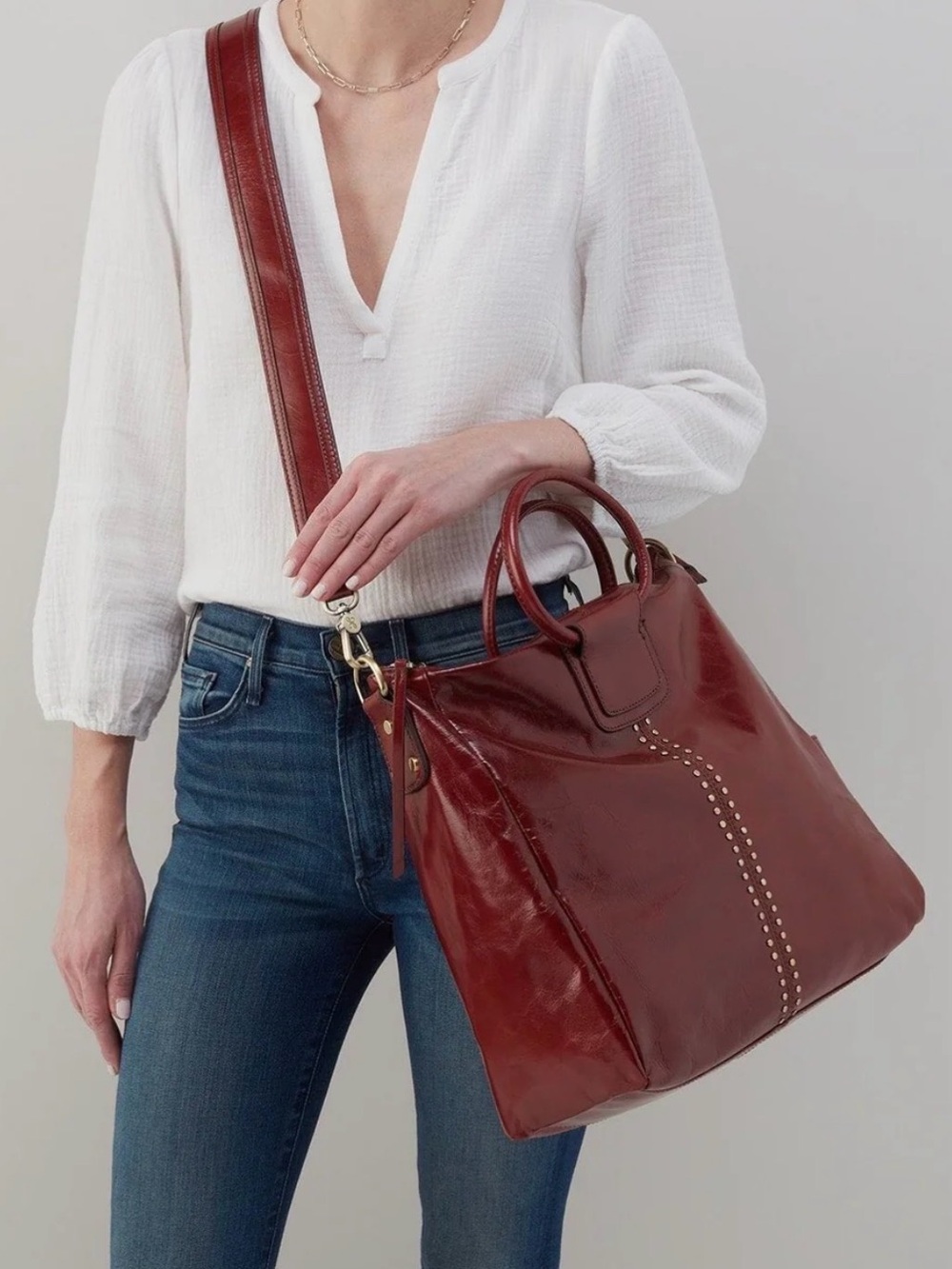 HOBO Stud-Trim Leather Hobo in Oxboood - Picture 2 of 12